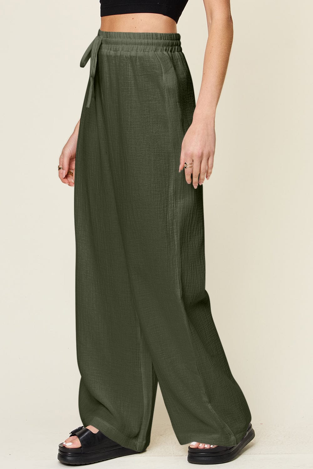 Trendsi Fall Double Take Full Size Texture Drawstring Wide Leg Pants Double Take Full Size Texture Drawstring Wide Leg Pants