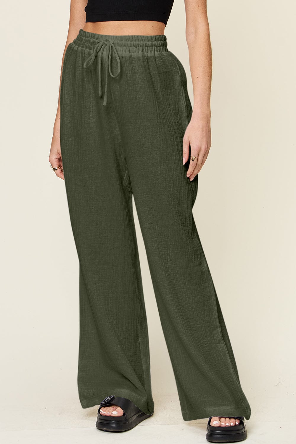 Trendsi Fall Double Take Full Size Texture Drawstring Wide Leg Pants Double Take Full Size Texture Drawstring Wide Leg Pants