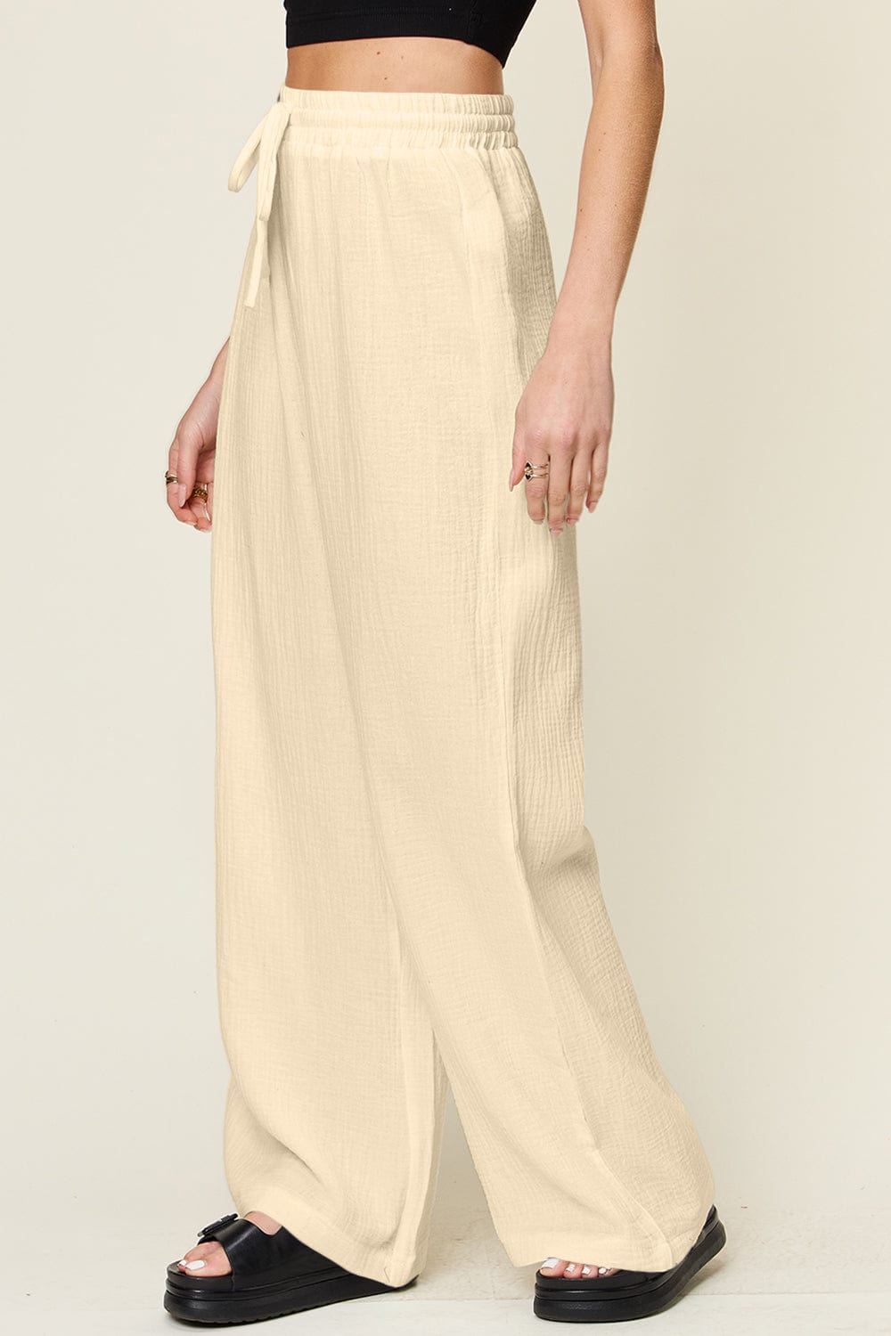 Trendsi Fall Double Take Full Size Texture Drawstring Wide Leg Pants Double Take Full Size Texture Drawstring Wide Leg Pants