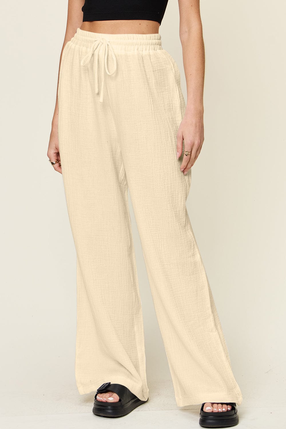 Trendsi Fall Double Take Full Size Texture Drawstring Wide Leg Pants Double Take Full Size Texture Drawstring Wide Leg Pants