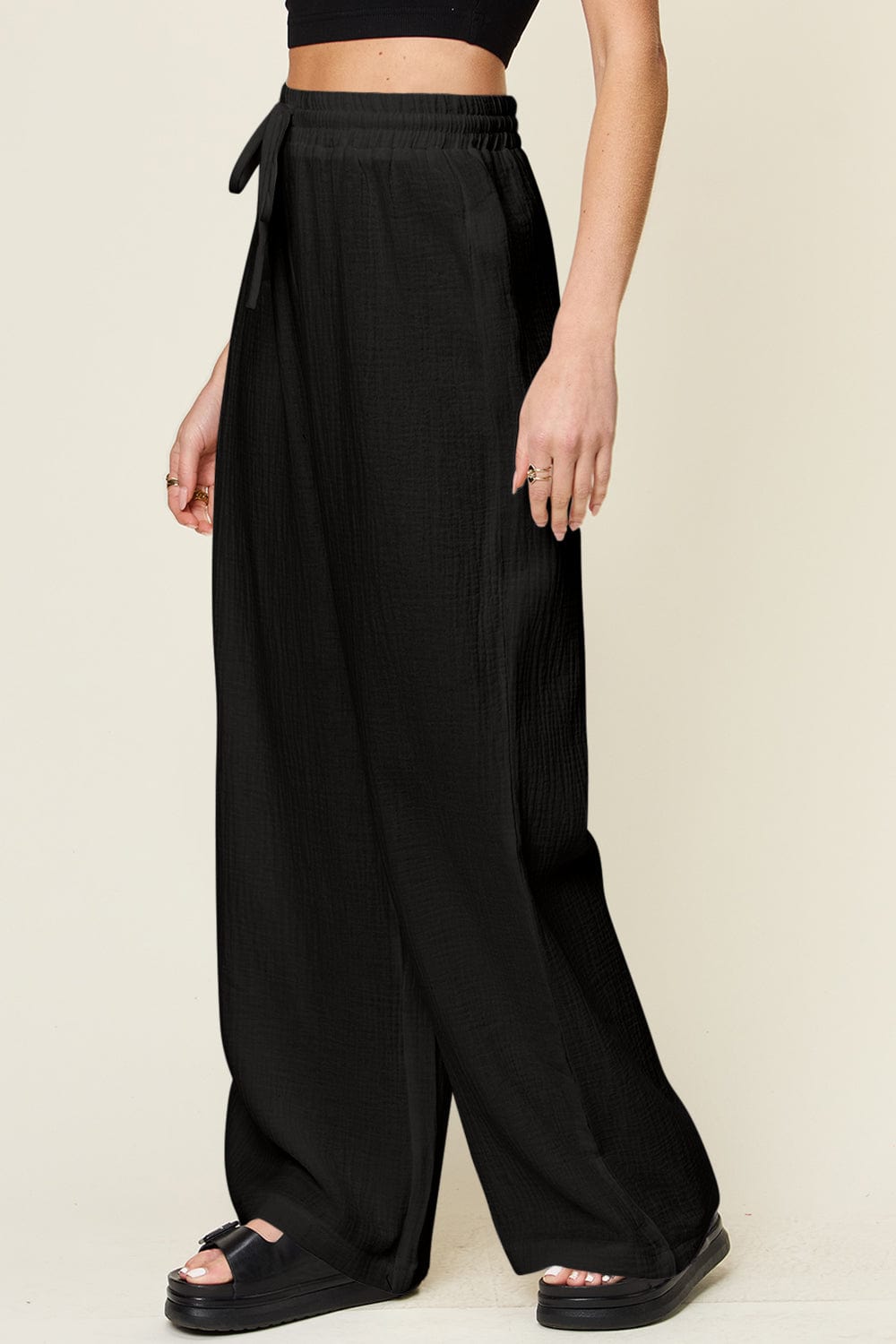Trendsi Fall Double Take Full Size Texture Drawstring Wide Leg Pants Double Take Full Size Texture Drawstring Wide Leg Pants