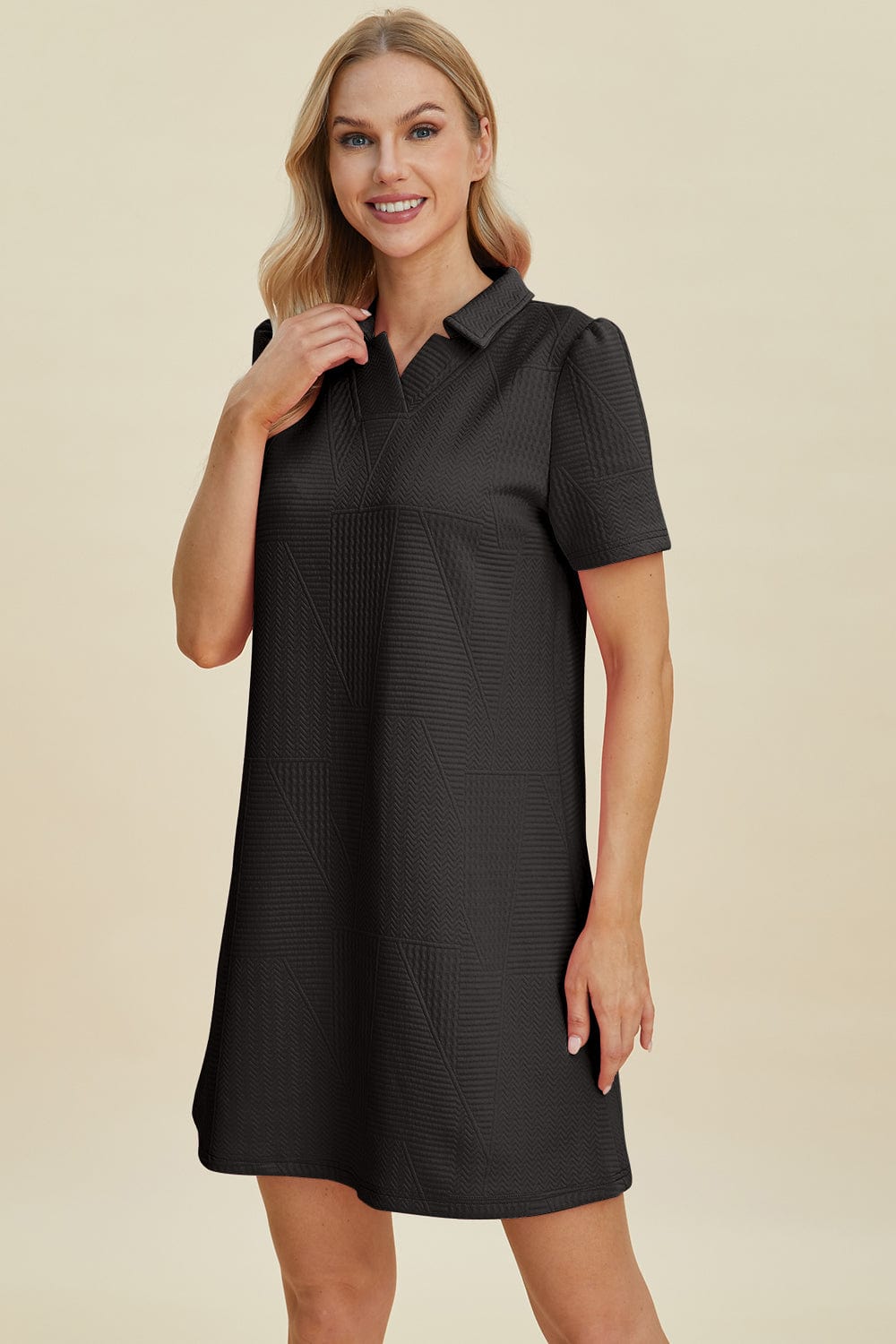 Trendsi Fall Double Take Full Size Texture Short Sleeve Dress Double Take Full Size Texture Short Sleeve Dress