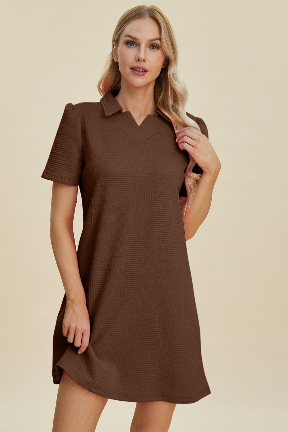 Trendsi Fall Double Take Full Size Texture Short Sleeve Dress Double Take Full Size Texture Short Sleeve Dress