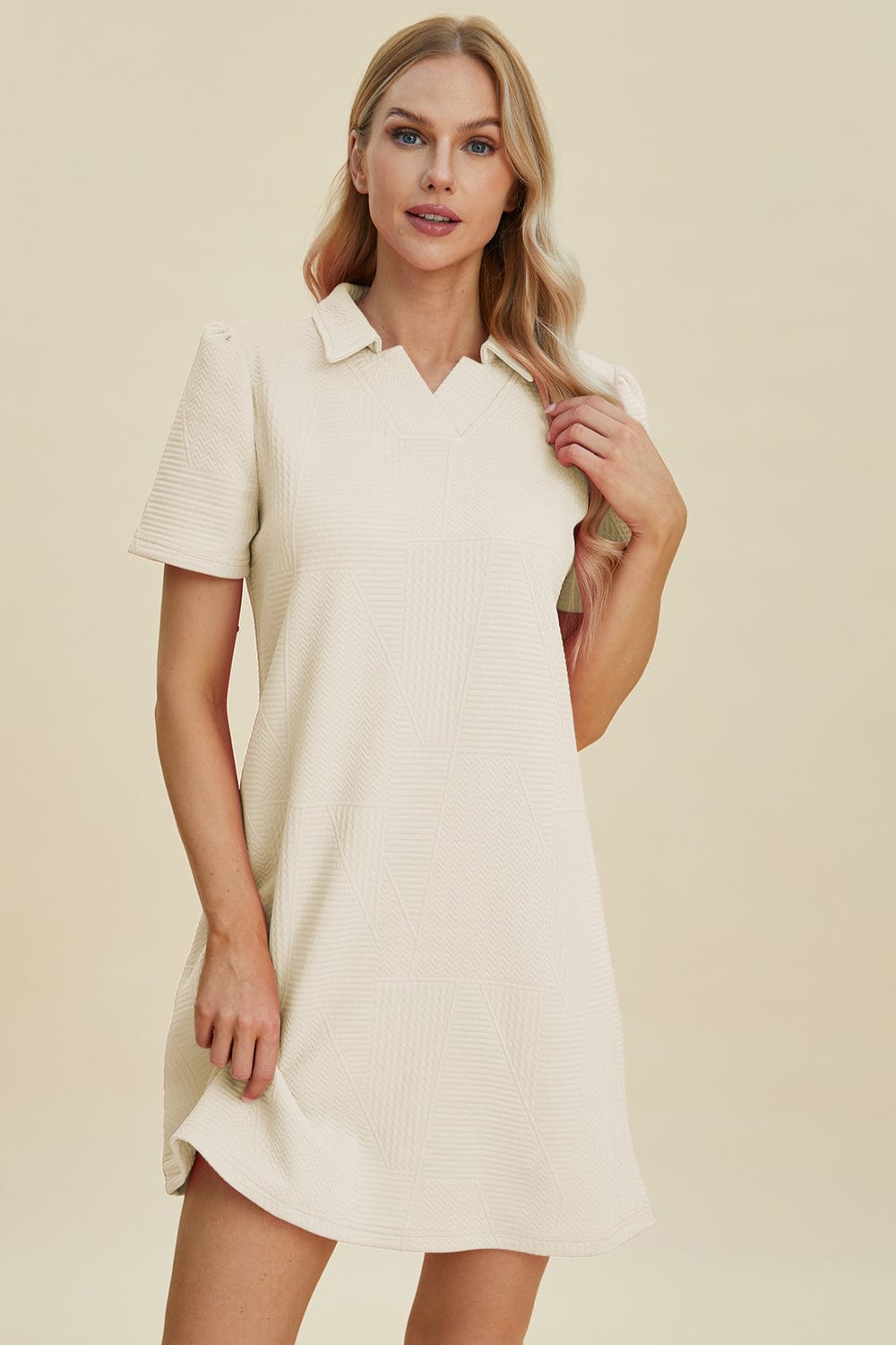 Trendsi Fall Double Take Full Size Texture Short Sleeve Dress Double Take Full Size Texture Short Sleeve Dress