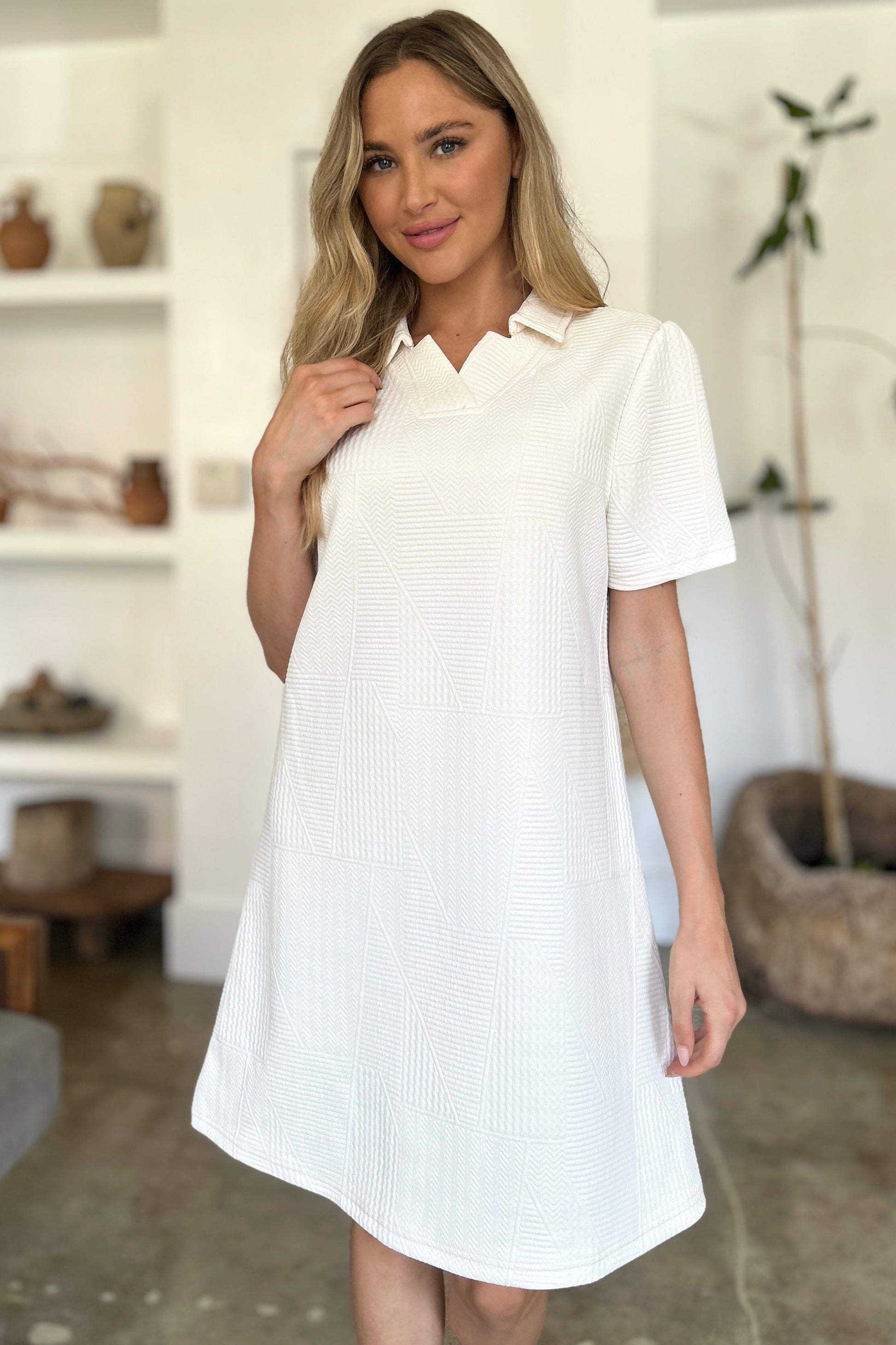 Trendsi Fall Double Take Full Size Texture Short Sleeve Dress Double Take Full Size Texture Short Sleeve Dress