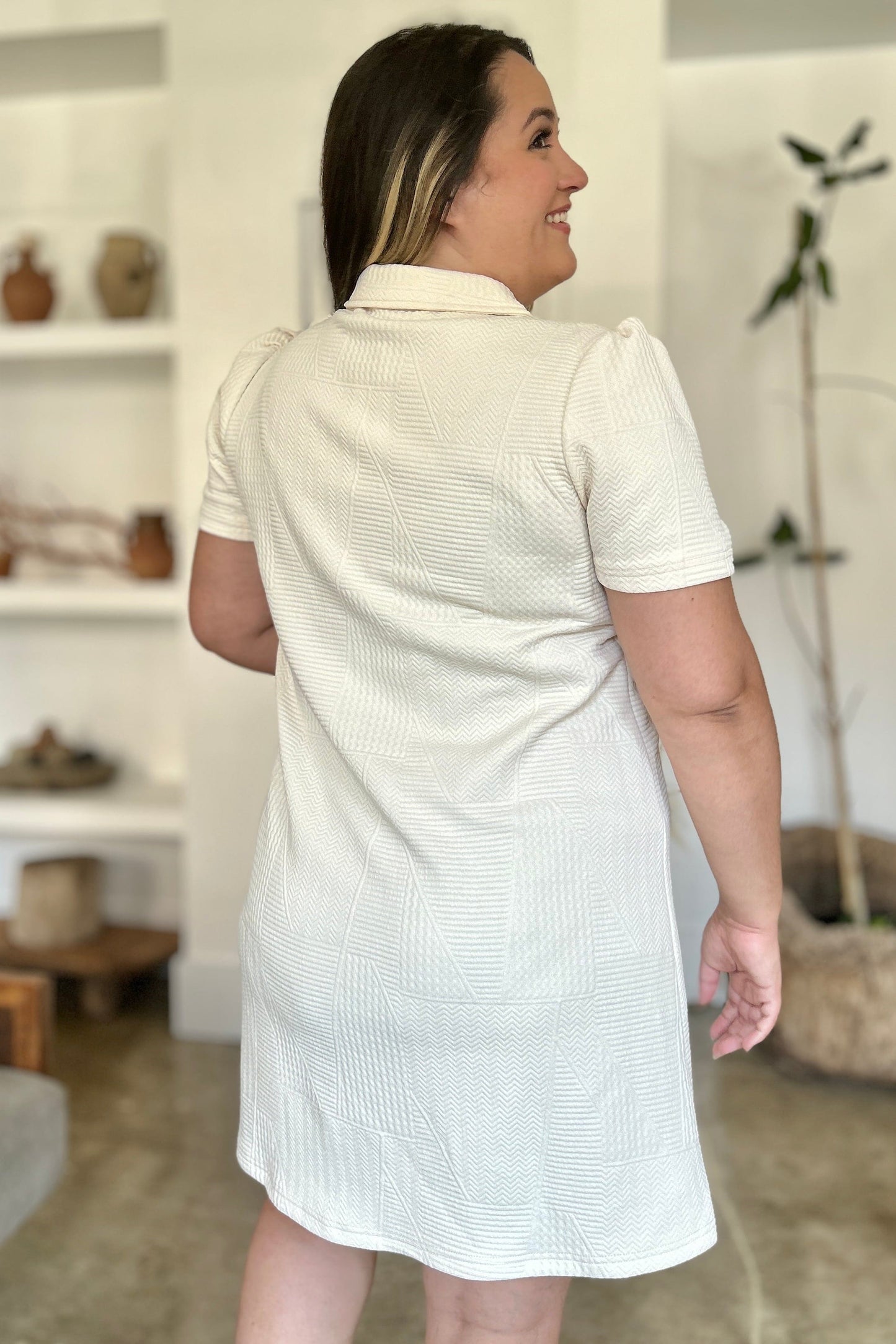 Trendsi Fall Double Take Full Size Texture Short Sleeve Dress Double Take Full Size Texture Short Sleeve Dress