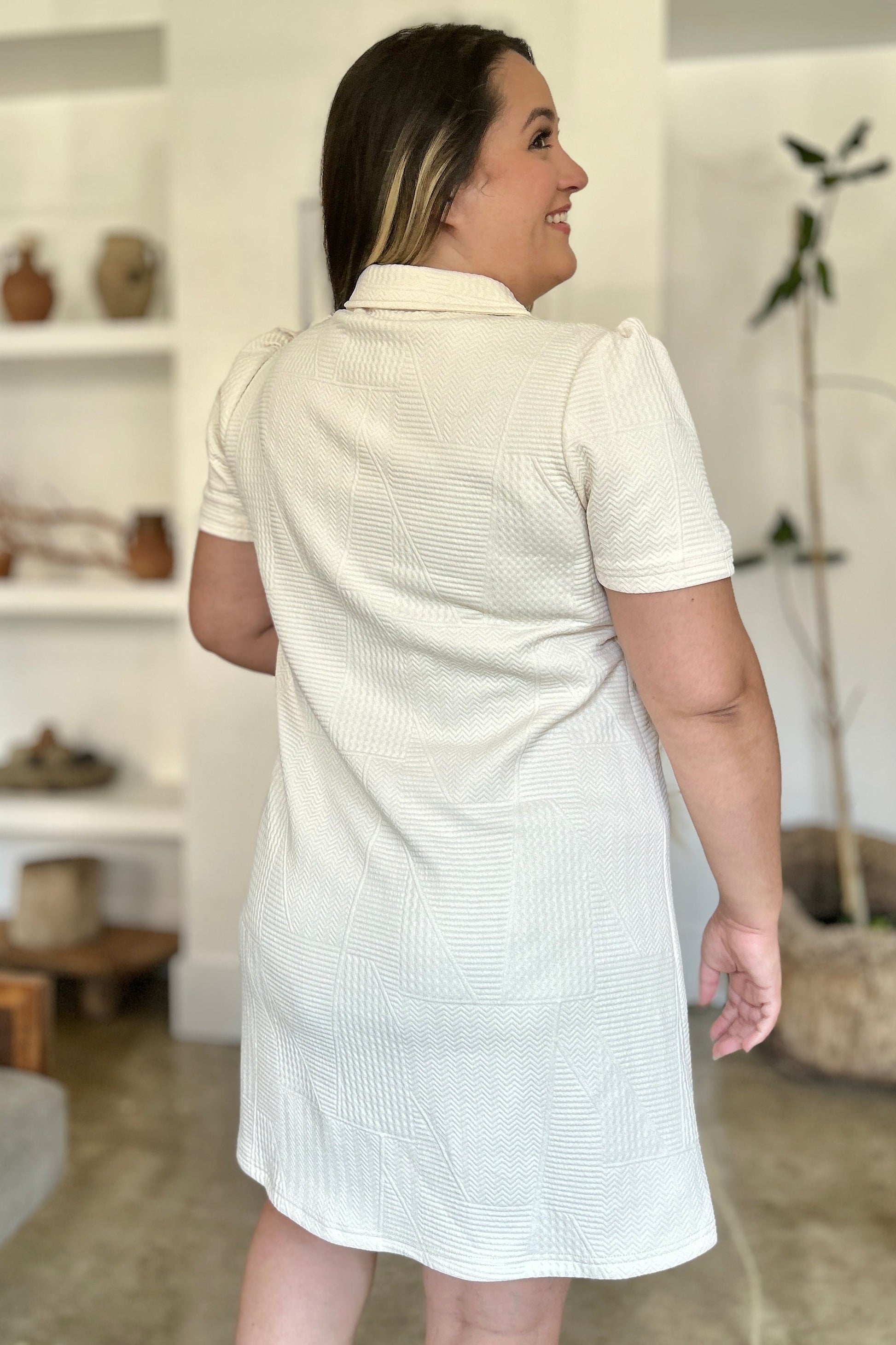 Trendsi Fall Double Take Full Size Texture Short Sleeve Dress Double Take Full Size Texture Short Sleeve Dress