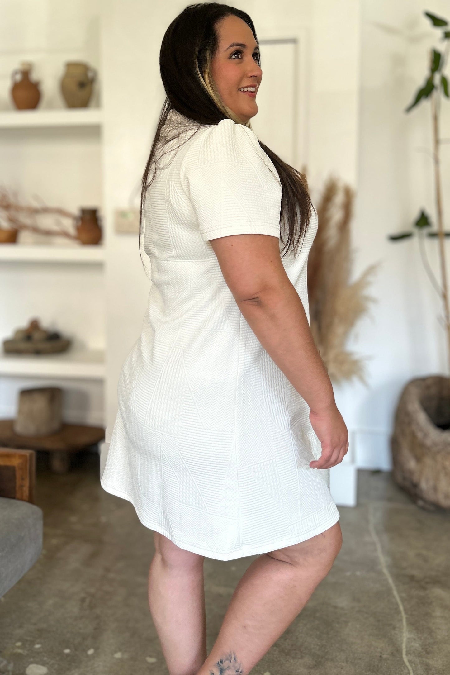 Trendsi Fall Double Take Full Size Texture Short Sleeve Dress Double Take Full Size Texture Short Sleeve Dress