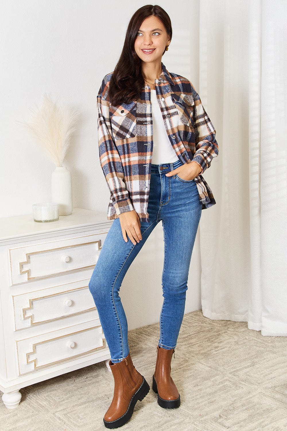 Trendsi Fall Double Take Plaid Button Front Shirt Jacket with Breast Pockets Double Take Plaid Button Front Shirt Jacket with Breast Pockets