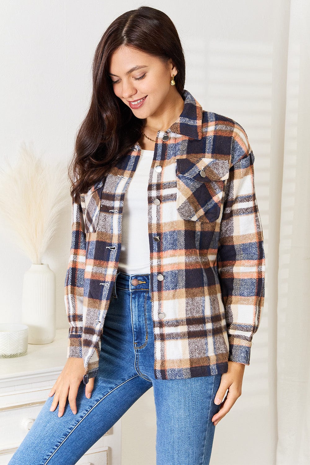 Trendsi Fall Double Take Plaid Button Front Shirt Jacket with Breast Pockets Double Take Plaid Button Front Shirt Jacket with Breast Pockets