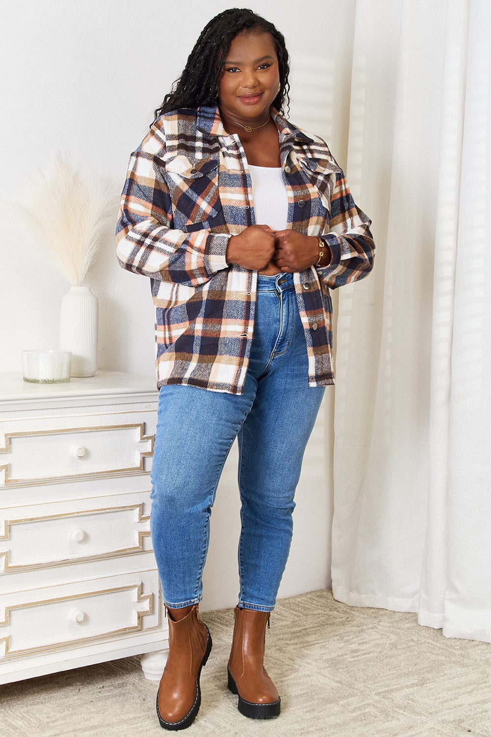Trendsi Fall Double Take Plaid Button Front Shirt Jacket with Breast Pockets Double Take Plaid Button Front Shirt Jacket with Breast Pockets