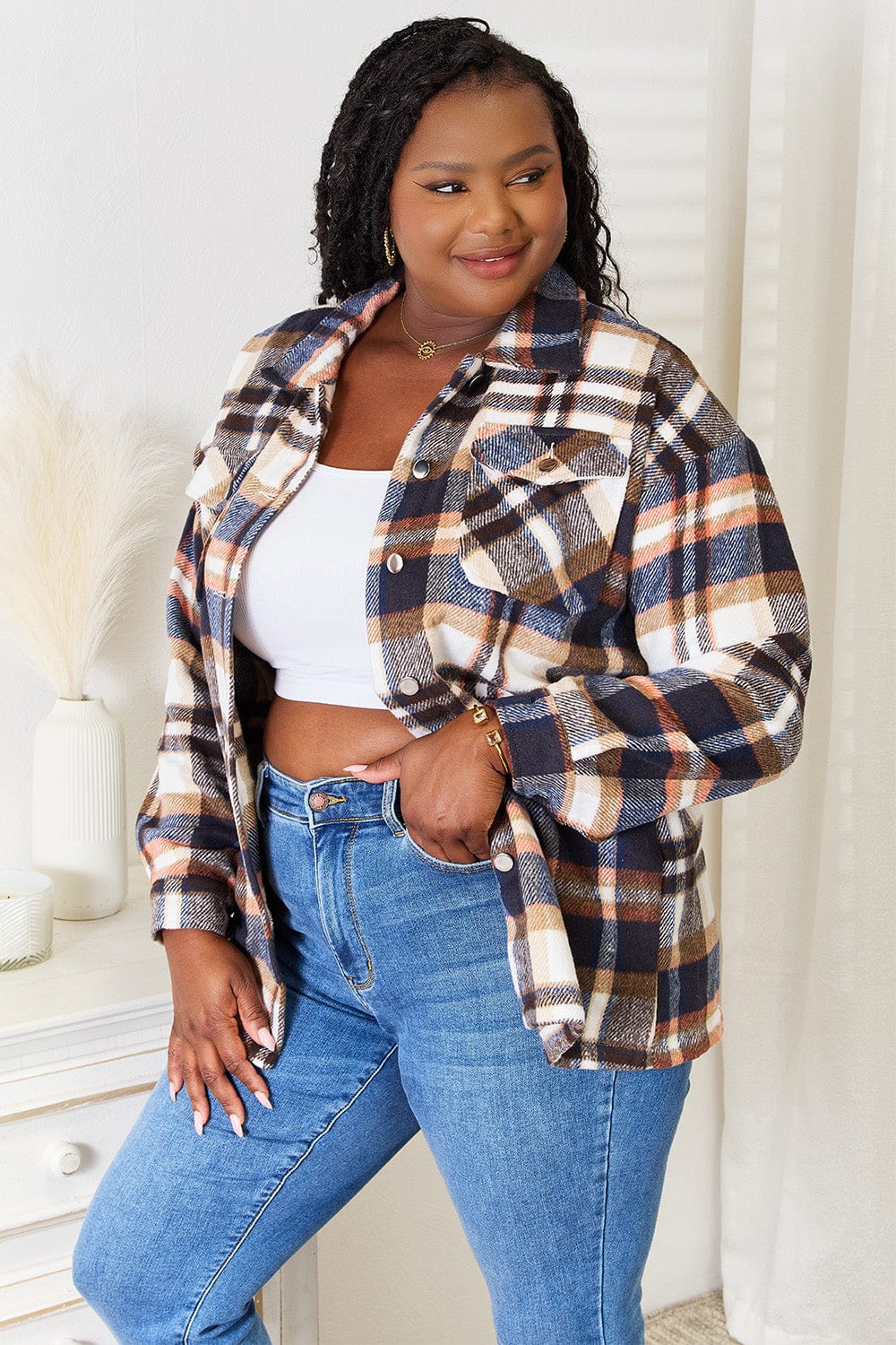 Trendsi Fall Double Take Plaid Button Front Shirt Jacket with Breast Pockets Double Take Plaid Button Front Shirt Jacket with Breast Pockets