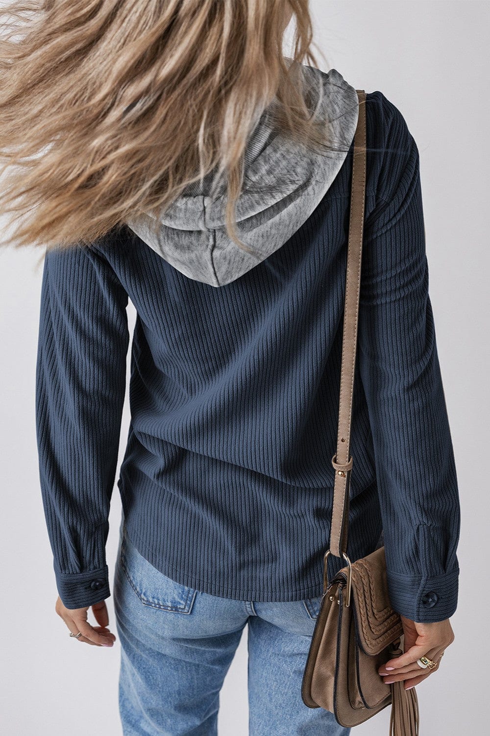 Trendsi Fall Drawstring Button Up Long Sleeve Hooded Jacket Drawstring Button Up Long Sleeve Hooded Jacket