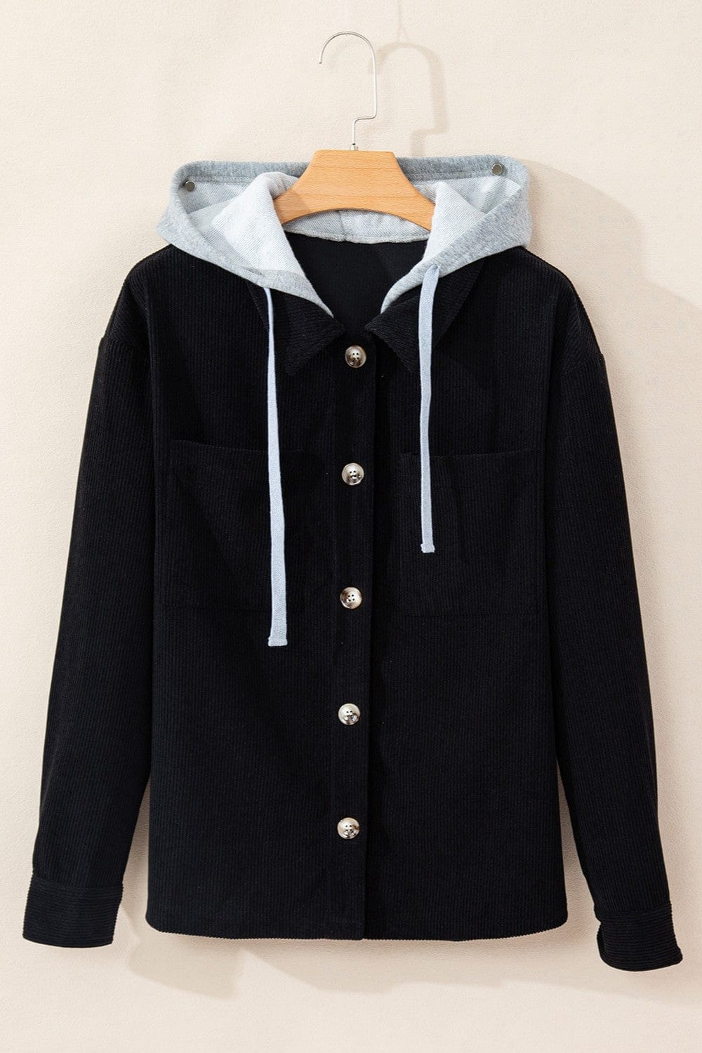 Trendsi Fall Drawstring Button Up Long Sleeve Hooded Jacket Drawstring Button Up Long Sleeve Hooded Jacket