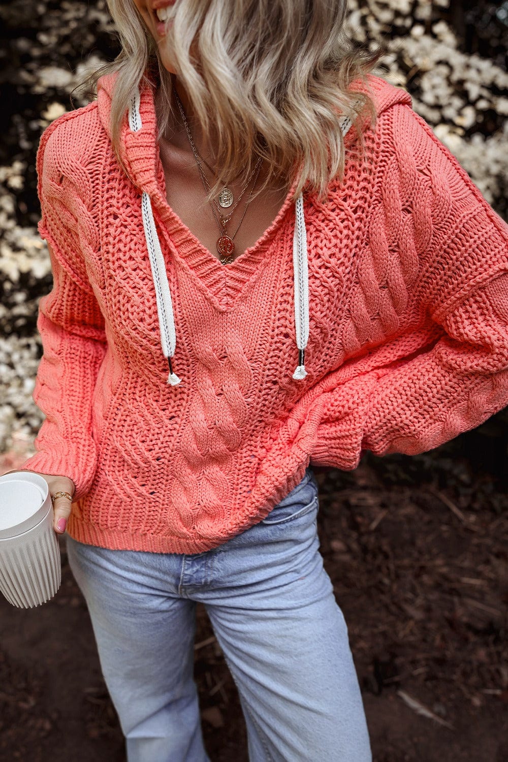 Trendsi Fall Drawstring Cable-Knit Hooded Sweater Drawstring Cable-Knit Hooded Sweater