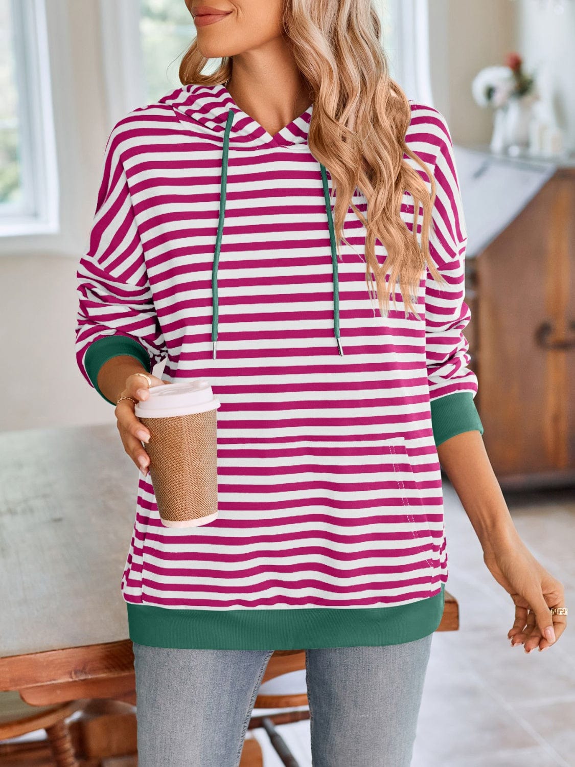 Trendsi Fall Drawstring Striped Long Sleeve Hoodie Drawstring Striped Long Sleeve Hoodie