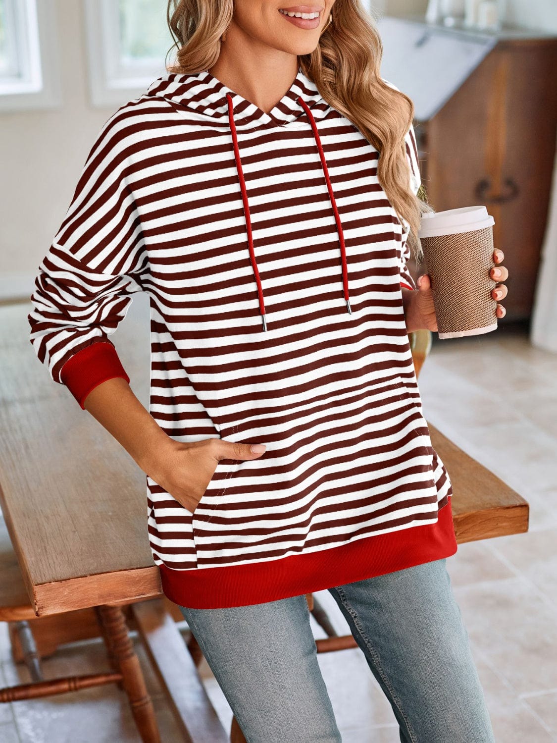 Trendsi Fall Drawstring Striped Long Sleeve Hoodie Drawstring Striped Long Sleeve Hoodie