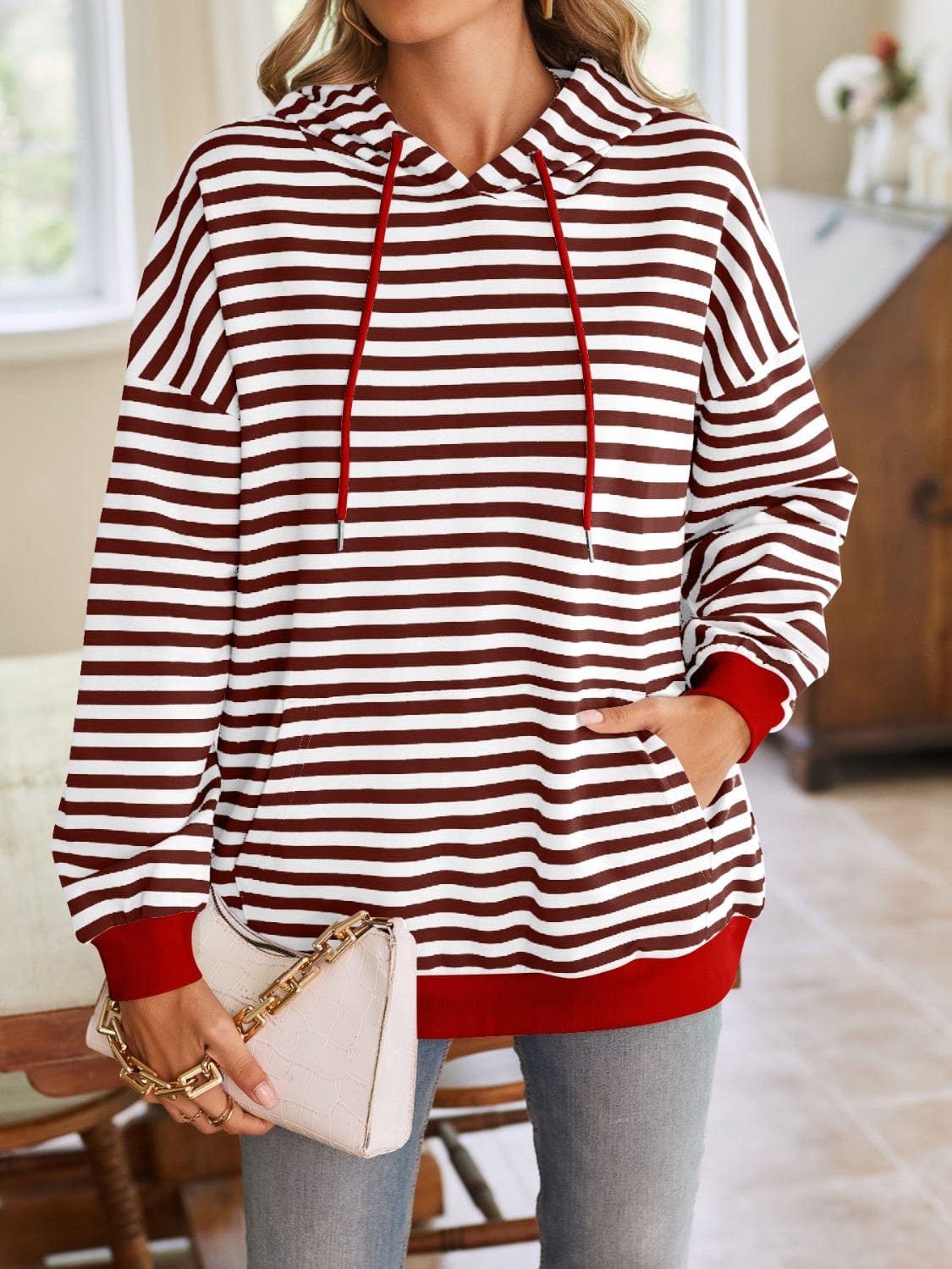 Trendsi Fall Drawstring Striped Long Sleeve Hoodie Drawstring Striped Long Sleeve Hoodie
