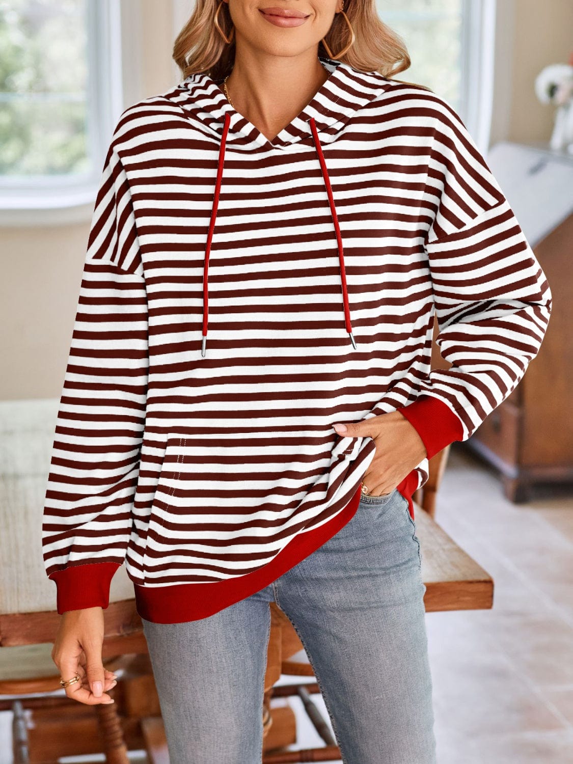 Trendsi Fall Drawstring Striped Long Sleeve Hoodie Drawstring Striped Long Sleeve Hoodie