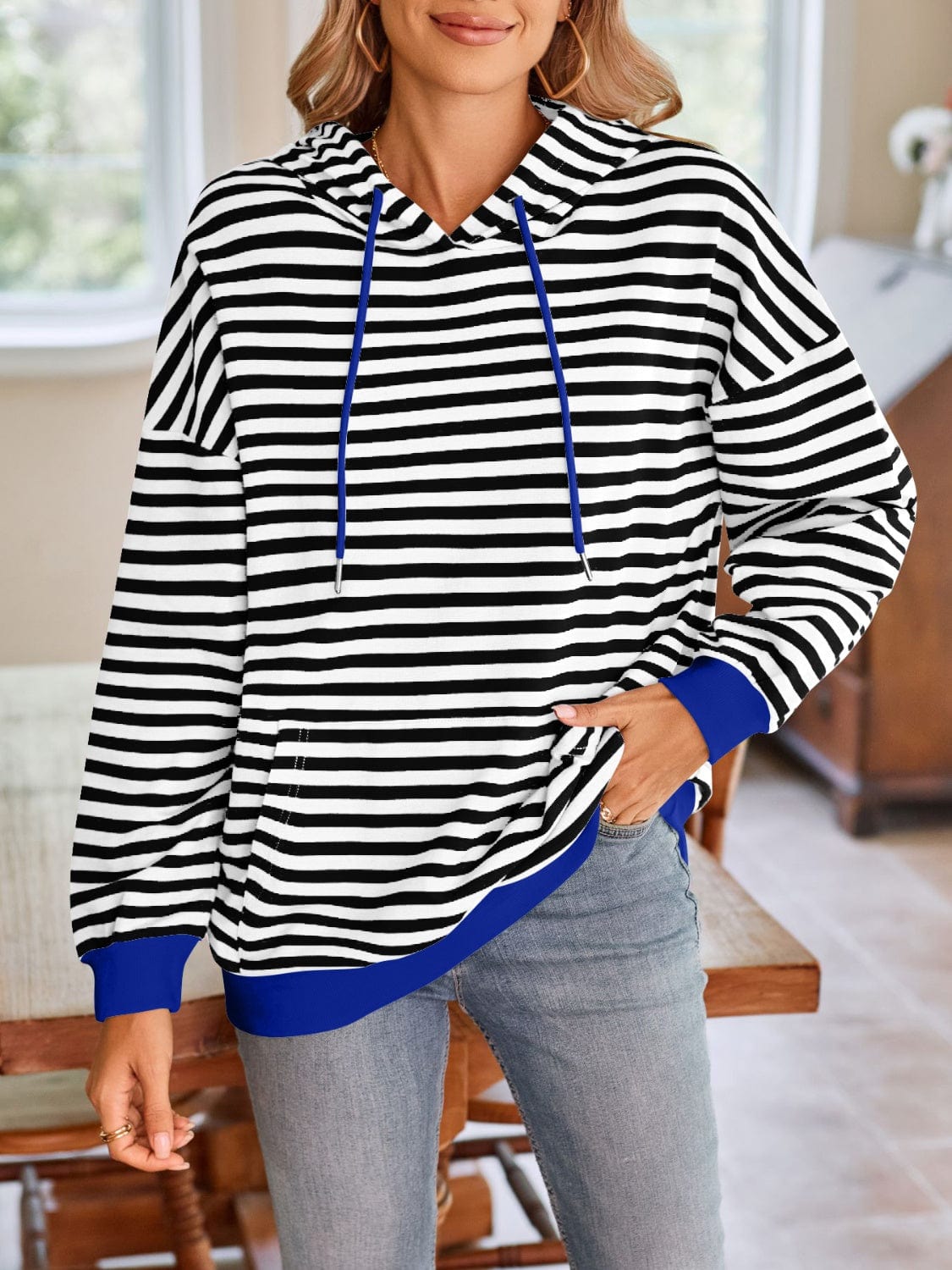 Trendsi Fall Drawstring Striped Long Sleeve Hoodie Drawstring Striped Long Sleeve Hoodie