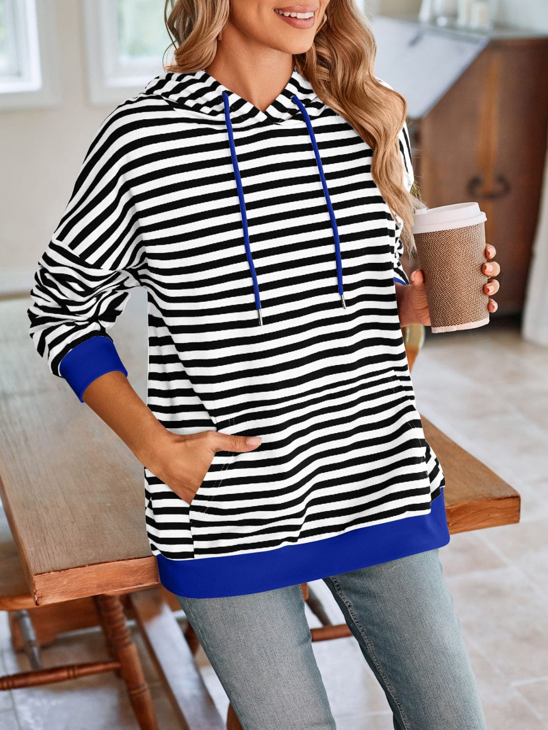 Trendsi Fall Drawstring Striped Long Sleeve Hoodie Drawstring Striped Long Sleeve Hoodie