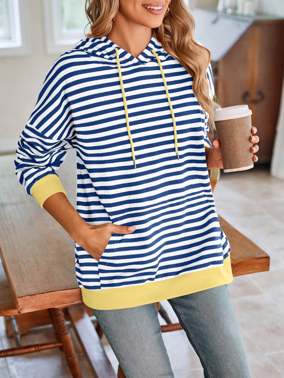 Trendsi Fall Drawstring Striped Long Sleeve Hoodie Drawstring Striped Long Sleeve Hoodie