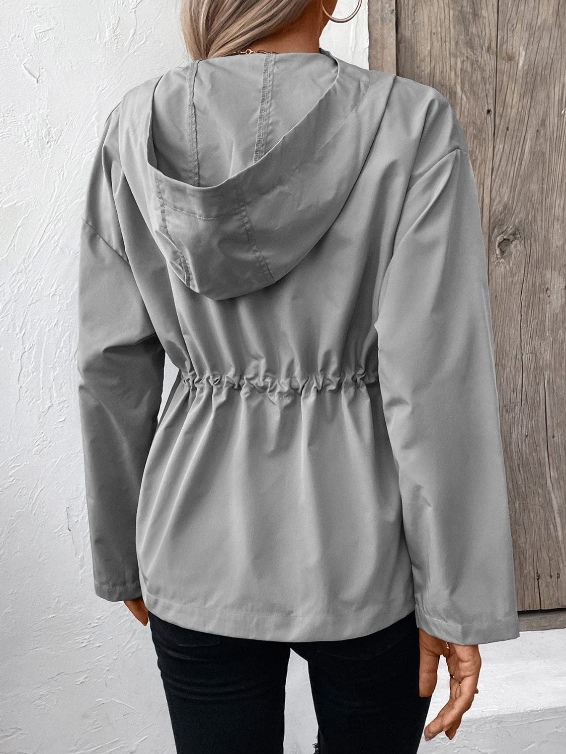 Trendsi Fall Drawstring Zip Up Hooded Jacket Drawstring Zip Up Hooded Jacket