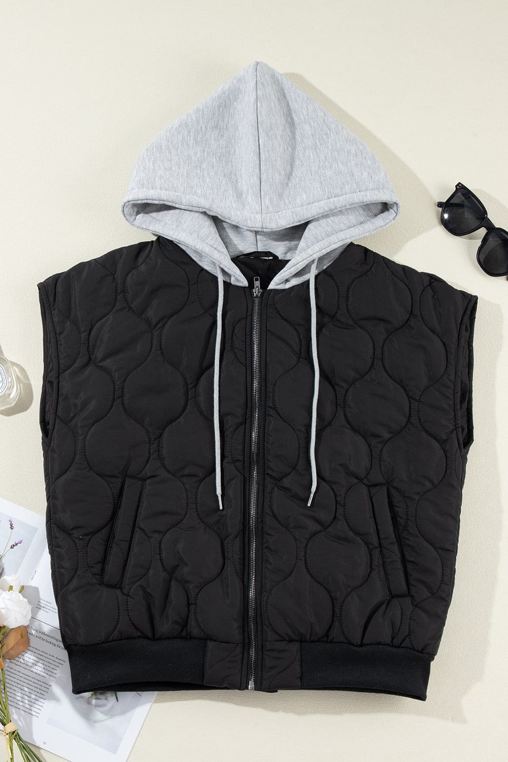 Trendsi Fall Drawstring Zip Up Hooded Vest Coat Drawstring Zip Up Hooded Vest Coat