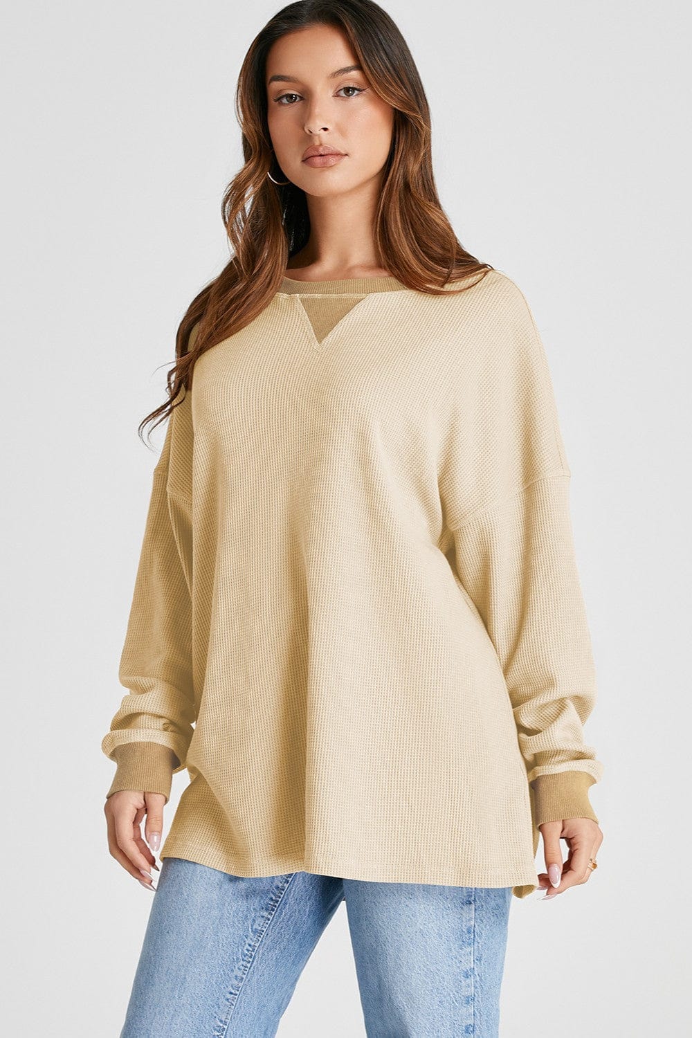 Trendsi Fall Dust Storm / S Waffle-Knit Long Sleeve Sweatshirt Waffle-Knit Long Sleeve Sweatshirt