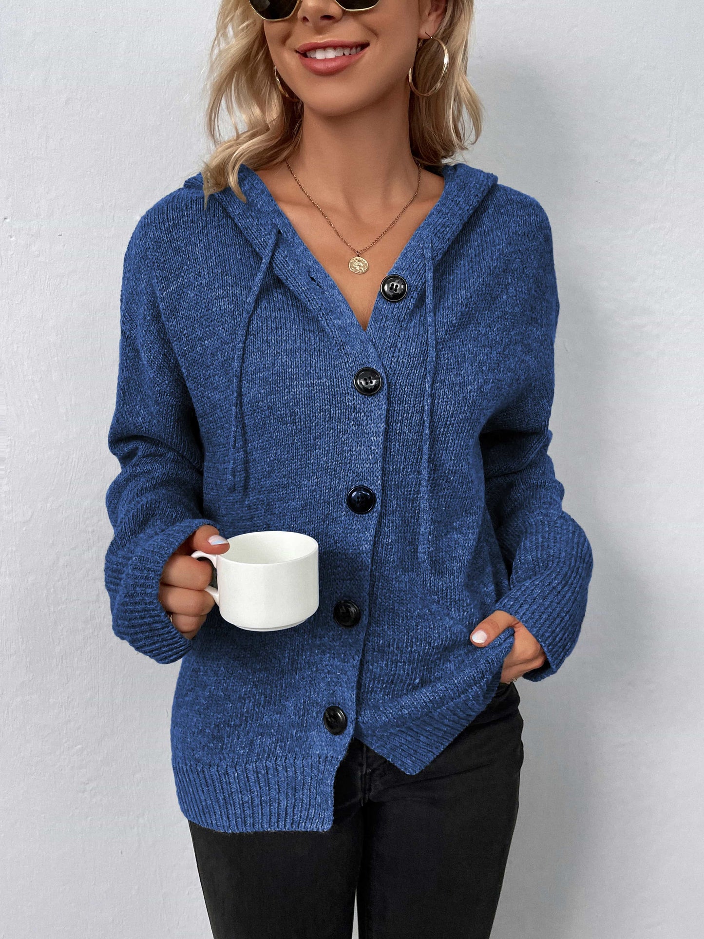 Trendsi Fall Dusty Blue / S Button-Down Long Sleeve Hooded Sweater Button-Down Long Sleeve Hooded Sweater