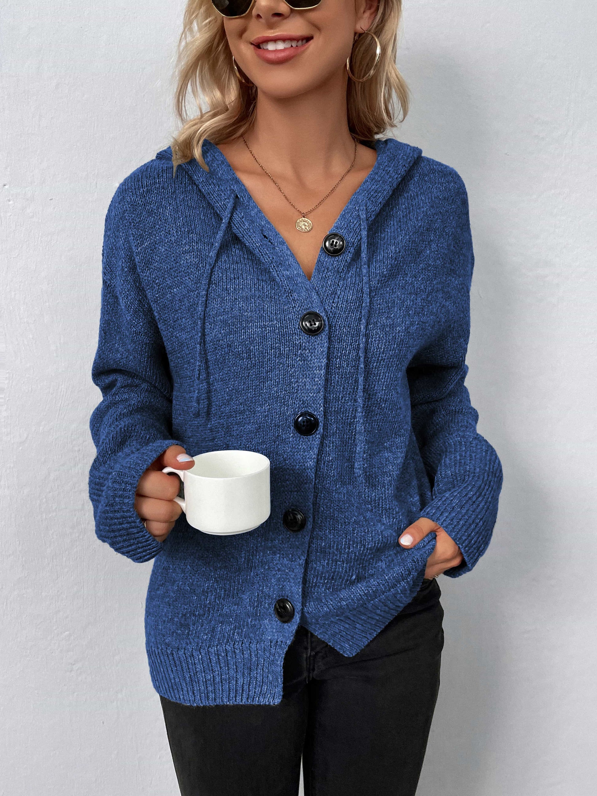 Trendsi Fall Dusty Blue / S Button-Down Long Sleeve Hooded Sweater Button-Down Long Sleeve Hooded Sweater