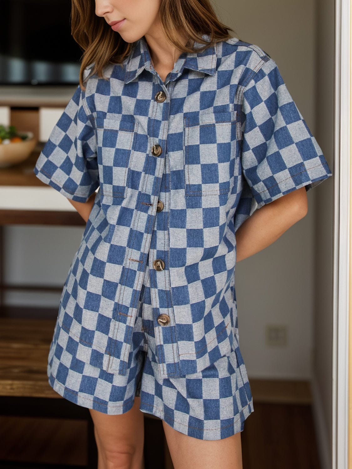 Trendsi Fall Dusty Blue / S Checkered Button Up Half Sleeve Top and Shorts Set Checkered Button Up Half Sleeve Top and Shorts Set