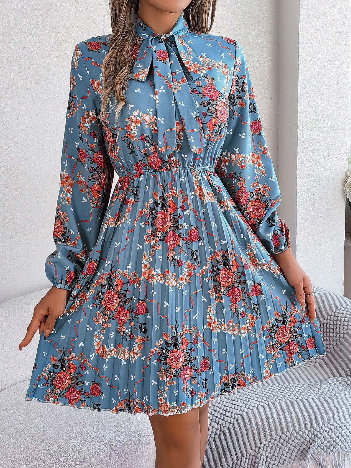 Trendsi Fall Dusty Blue / S Pleated Printed Tie Neck Long Sleeve Dress Pleated Printed Tie Neck Long Sleeve Dress