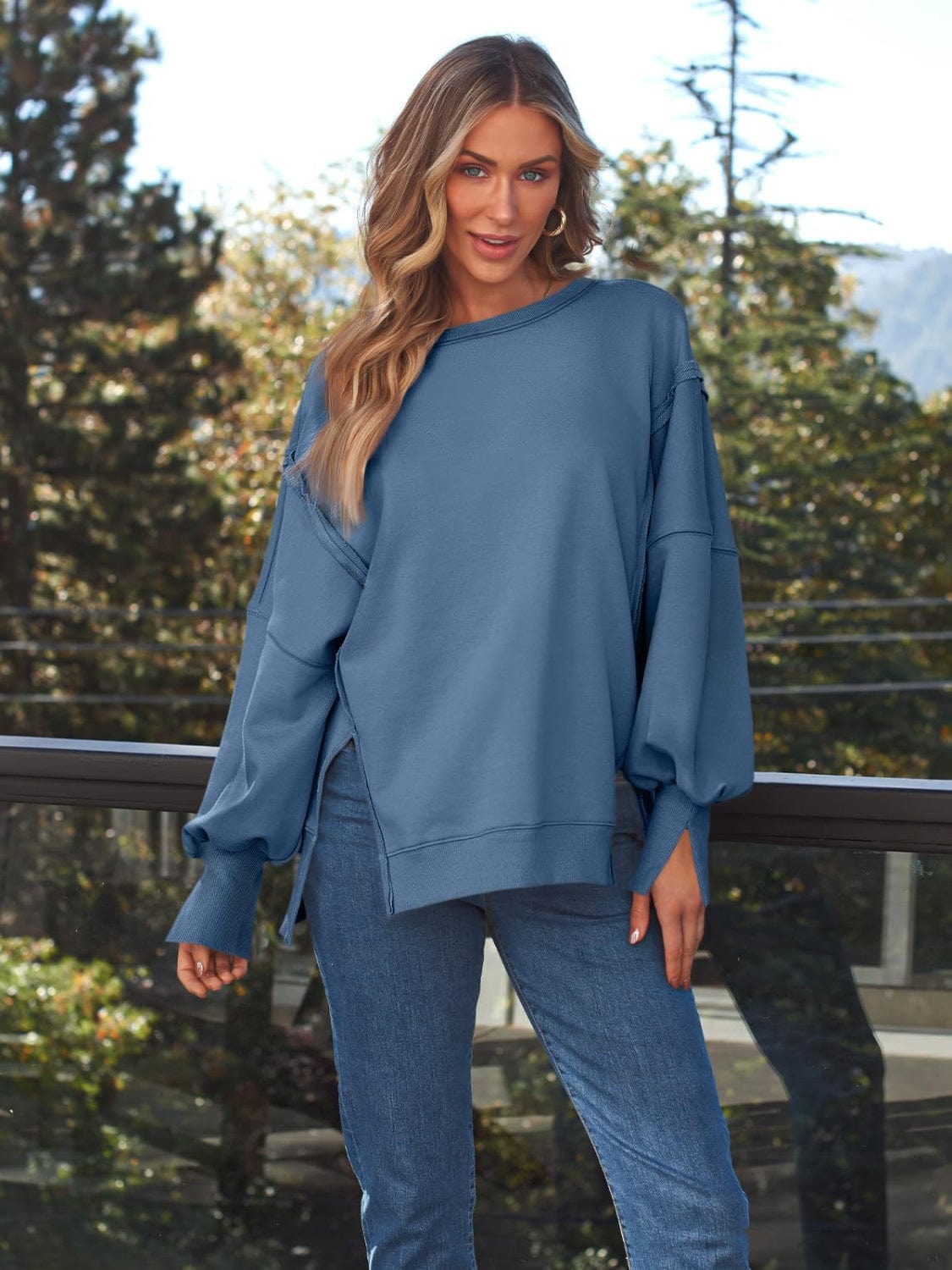 Trendsi Fall Dusty Blue / S Slit Round Neck Long Sleeve Sweatshirt Slit Round Neck Long Sleeve Sweatshirt