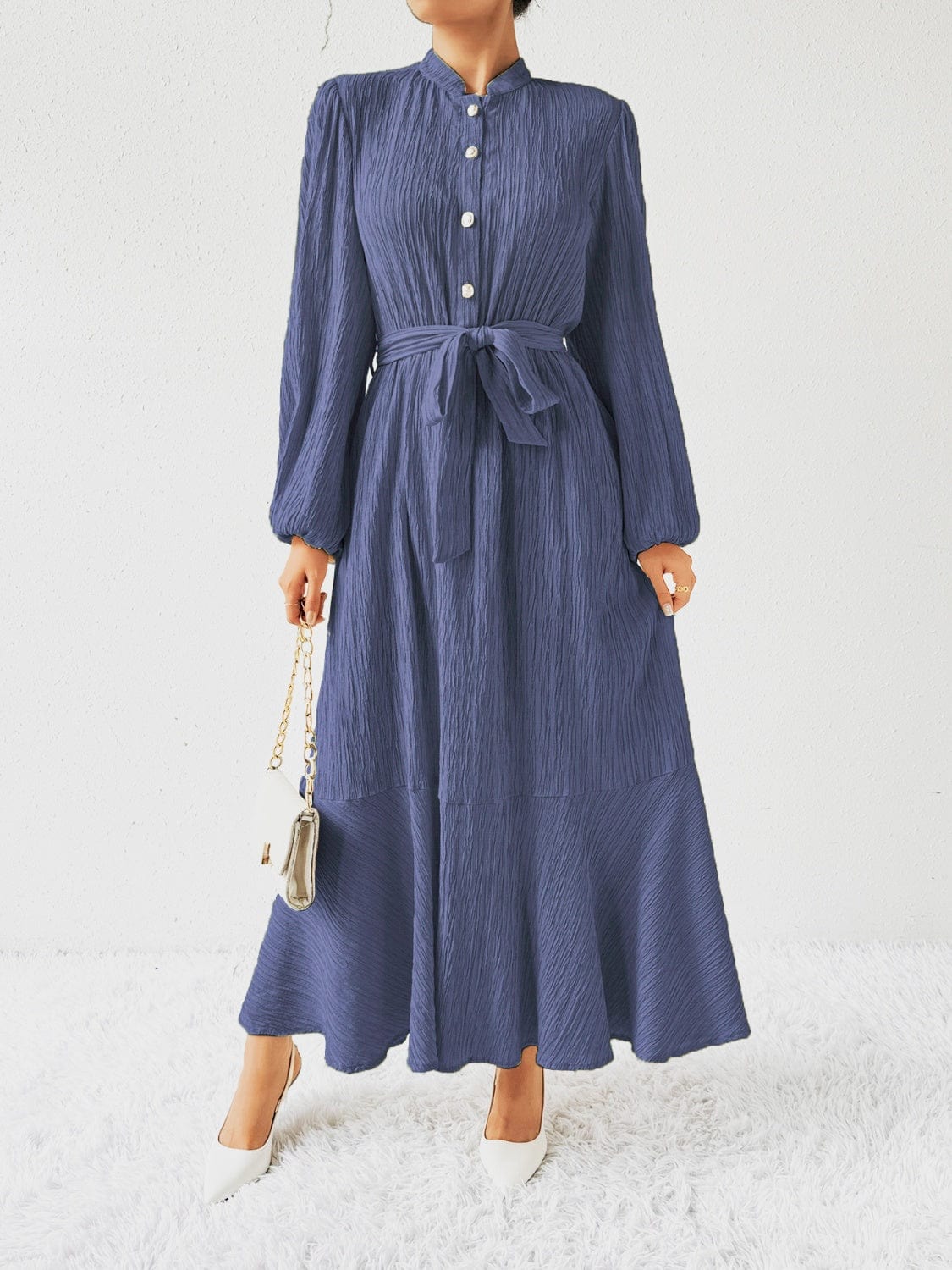 Trendsi Fall Dusty Blue / S Tie Waist Long Sleeve Dress Tie Waist Long Sleeve Dress