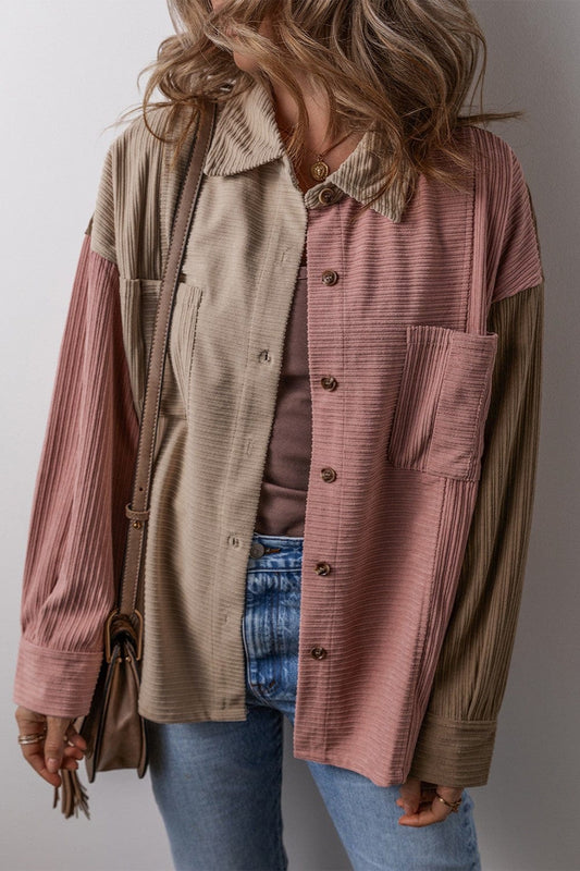 Trendsi Fall Dusty Pink / S Button Up Color Block  Long Sleeve Shacket Button Up Color Block  Long Sleeve Shacket