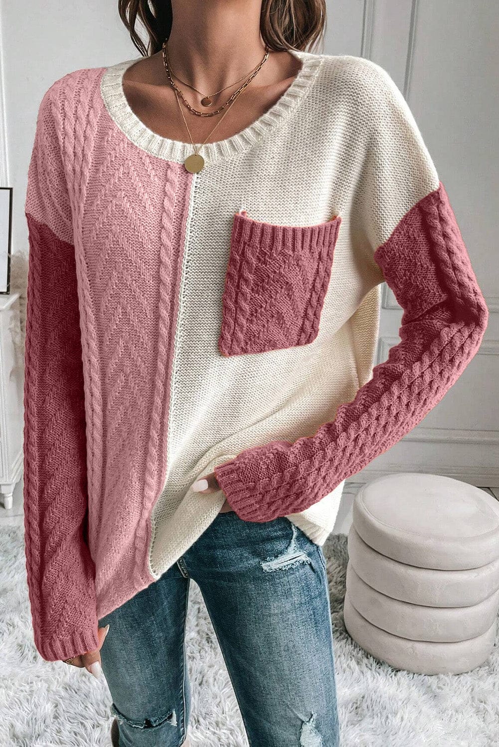 Trendsi Fall Dusty Pink / S Color Block Round Neck Long Sleeve Sweater Color Block Round Neck Long Sleeve Sweater