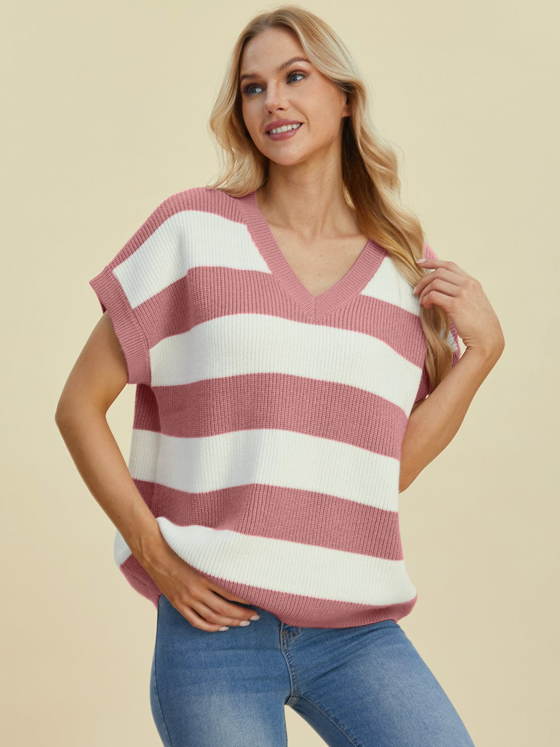 Trendsi Fall Dusty Pink / S Double Take Full Size Striped V-Neck Short Sleeve Sweater Double Take Full Size Striped V-Neck Short Sleeve Sweater