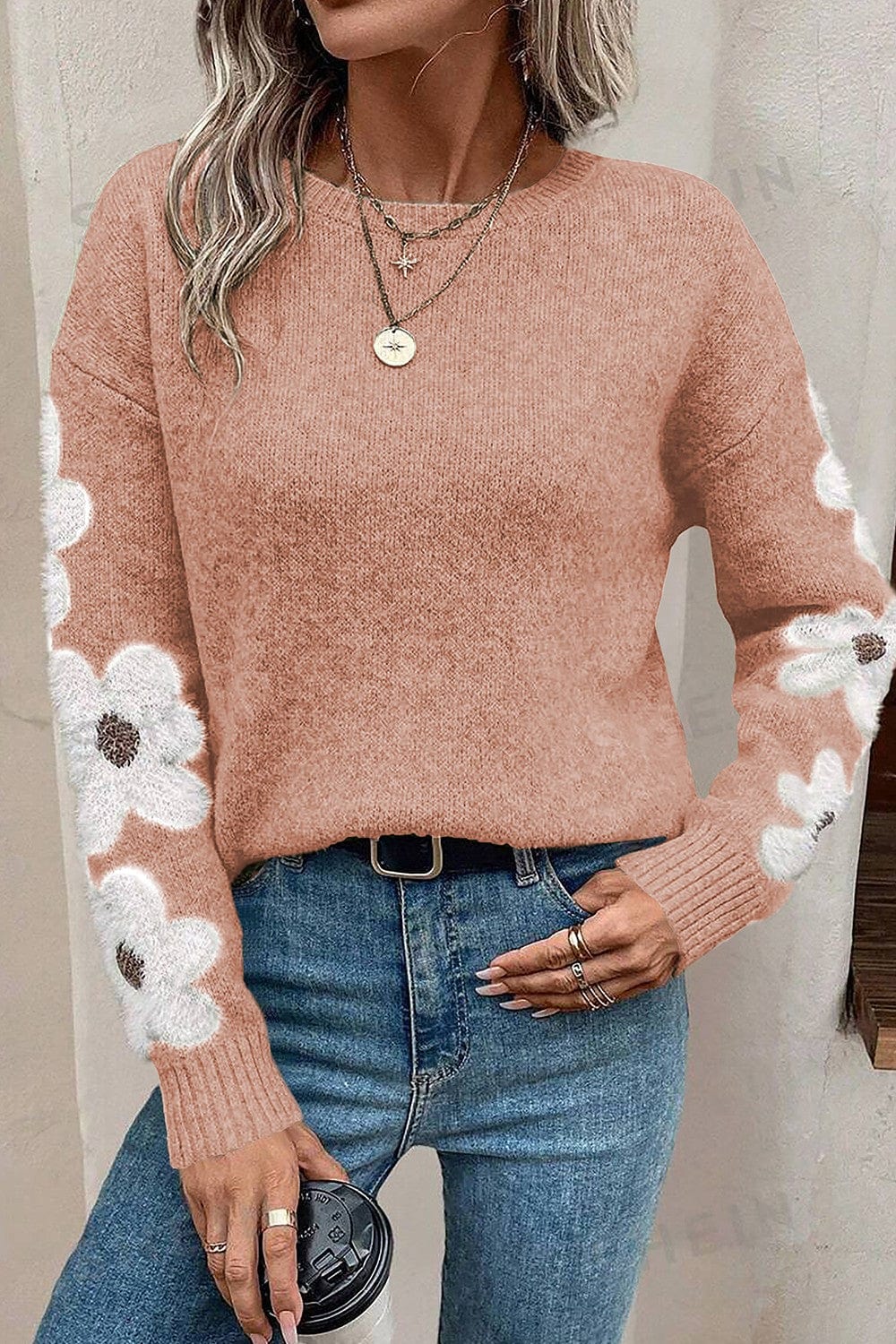 Trendsi Fall Dusty Pink / S Flower Round Neck Long Sleeve Sweater Flower Round Neck Long Sleeve Sweater