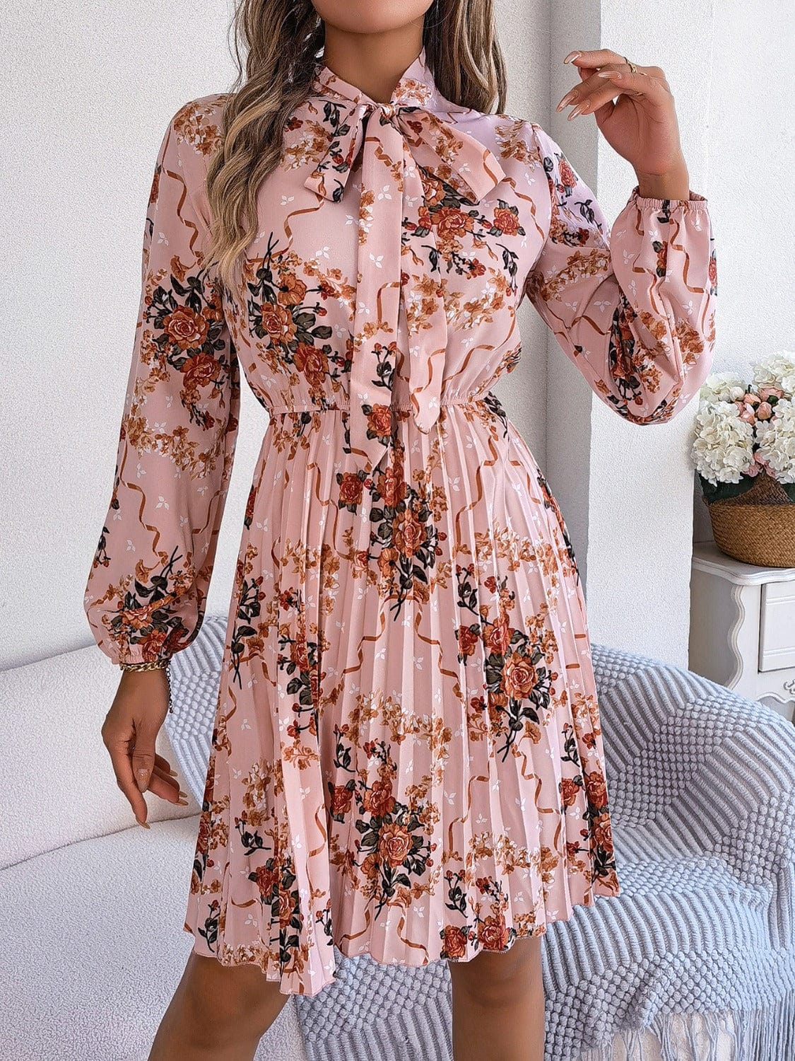 Trendsi Fall Dusty Pink / S Pleated Printed Tie Neck Long Sleeve Dress Pleated Printed Tie Neck Long Sleeve Dress
