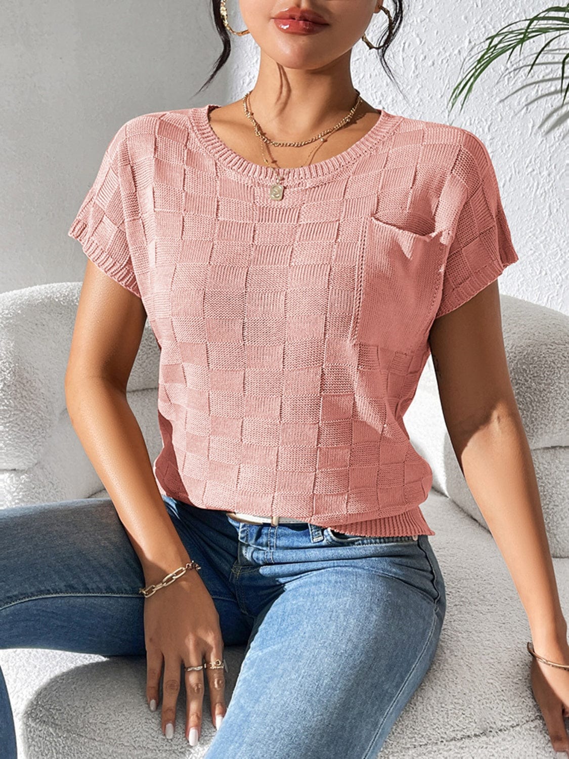 Trendsi Fall Dusty Pink / S Round Neck Short Sleeve Knit Top Round Neck Short Sleeve Knit Top