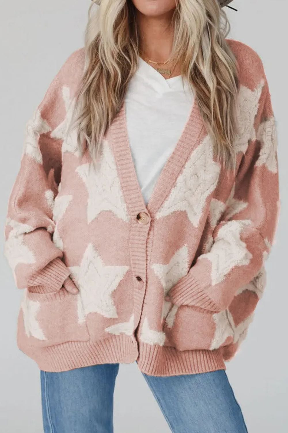 Trendsi Fall Dusty Pink / S Star Button Up Long Sleeve Cardigan Star Button Up Long Sleeve Cardigan