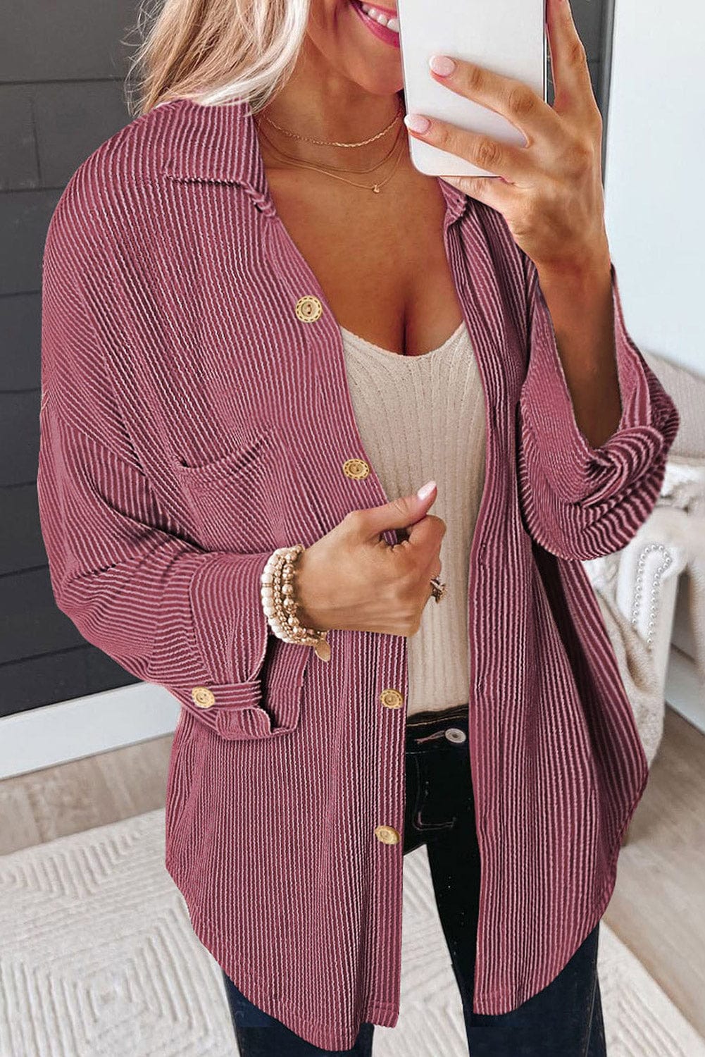 Trendsi Fall Dusty Pink / S Striped Collared Neck Long Sleeve Shirt Striped Collared Neck Long Sleeve Shirt