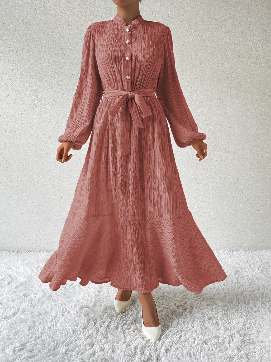 Trendsi Fall Dusty Pink / S Tie Waist Long Sleeve Dress Tie Waist Long Sleeve Dress