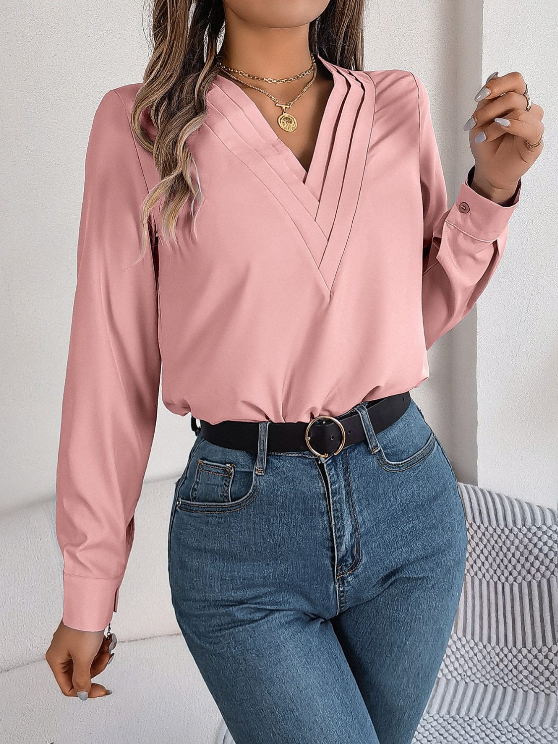 Trendsi Fall Dusty Pink / S V-Neck Long Sleeve Blouse V-Neck Long Sleeve Blouse