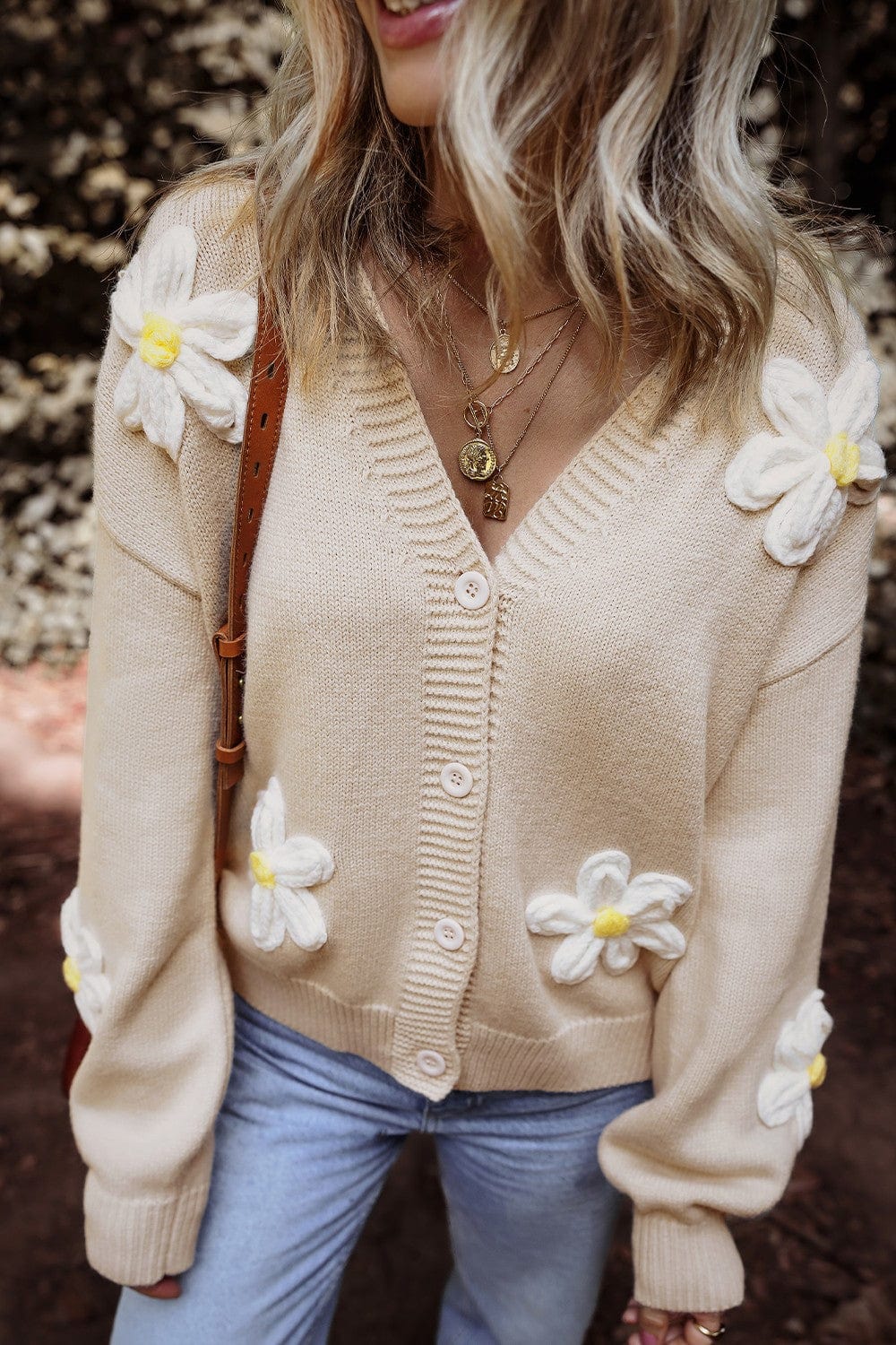 Trendsi Fall Eggshell / S Flower Dropped Shoulder Long Sleeve Cardigan Flower Dropped Shoulder Long Sleeve Cardigan