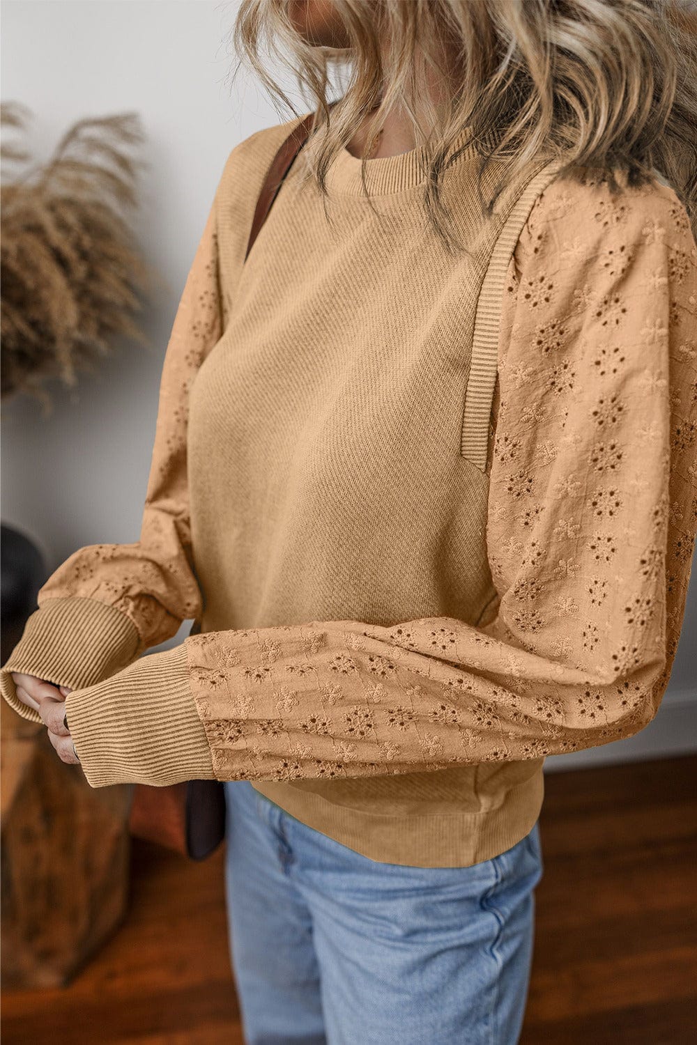 Trendsi Fall Eyelet Round Neck Long Sleeve Sweatshirt Eyelet Round Neck Long Sleeve Sweatshirt