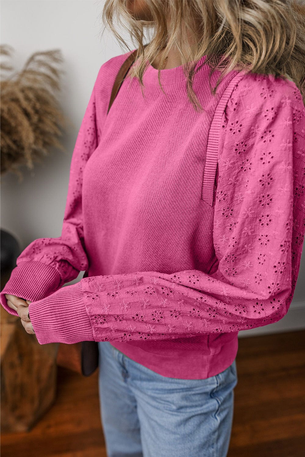 Trendsi Fall Eyelet Round Neck Long Sleeve Sweatshirt Eyelet Round Neck Long Sleeve Sweatshirt