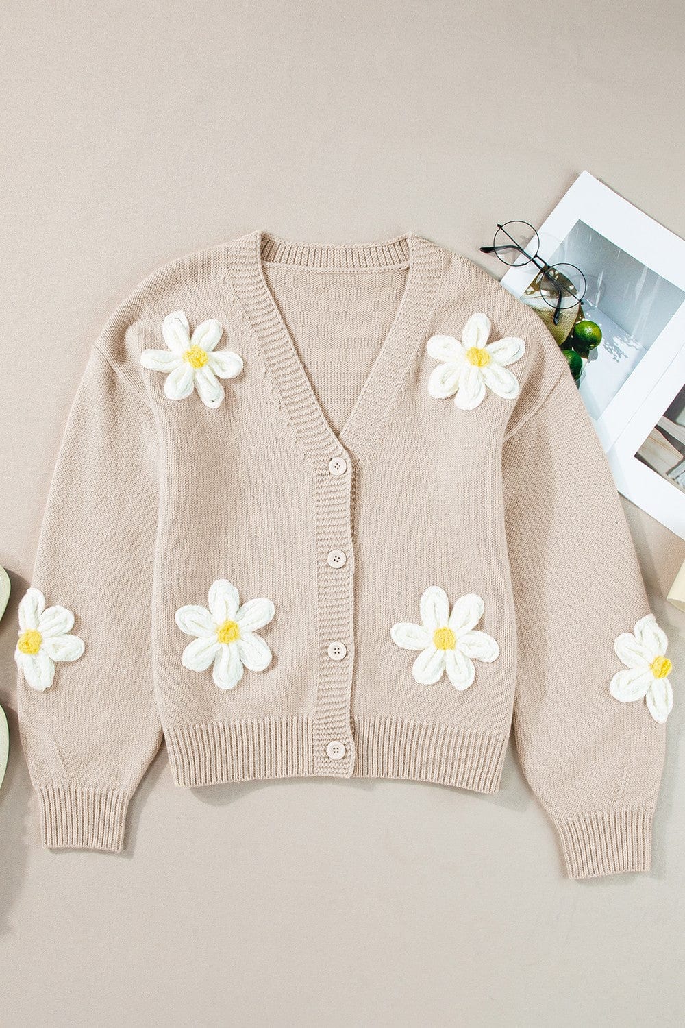 Trendsi Fall Flower Dropped Shoulder Long Sleeve Cardigan Flower Dropped Shoulder Long Sleeve Cardigan
