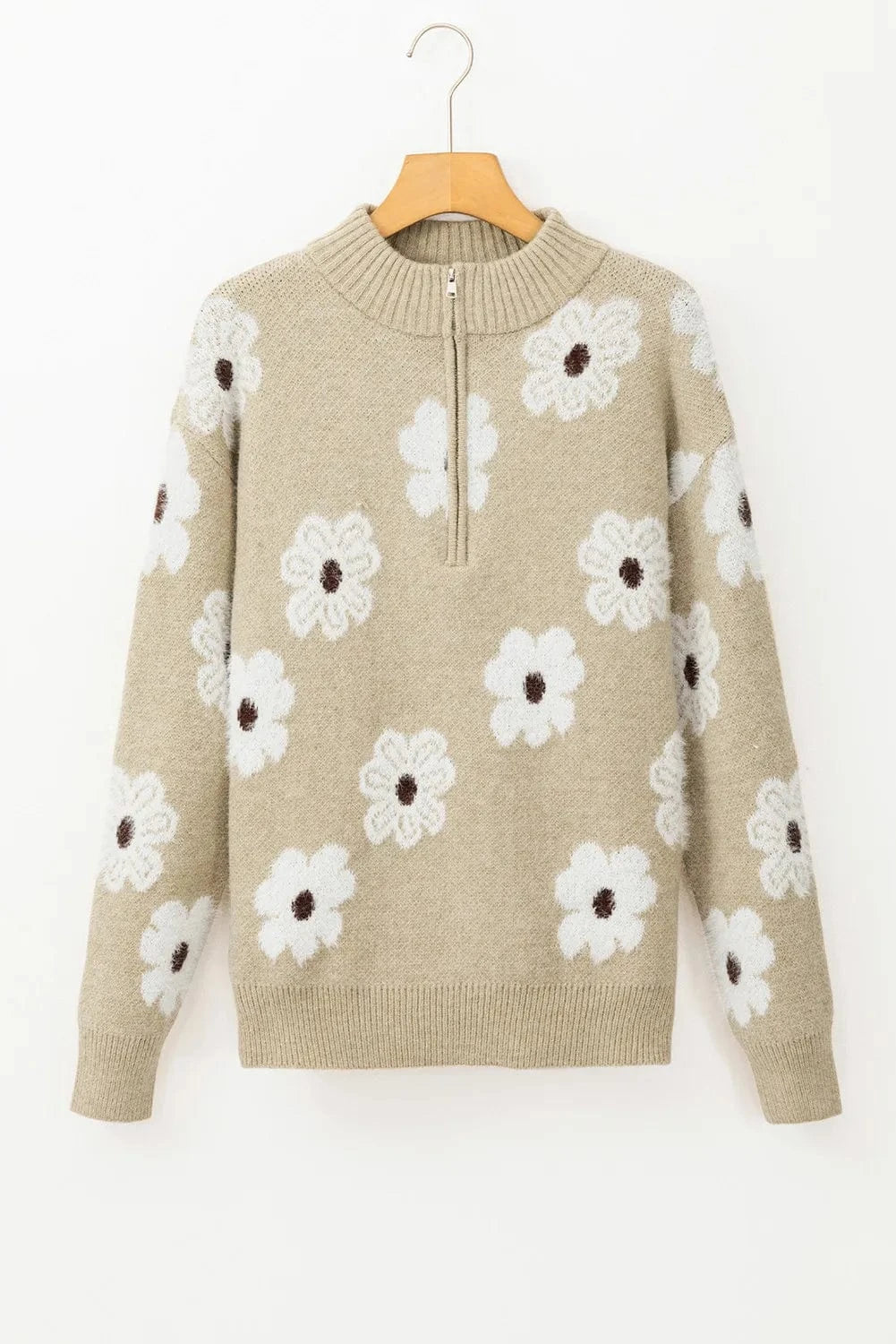 Trendsi Fall Flower Half Zip Long Sleeve Sweater Flower Half Zip Long Sleeve Sweater